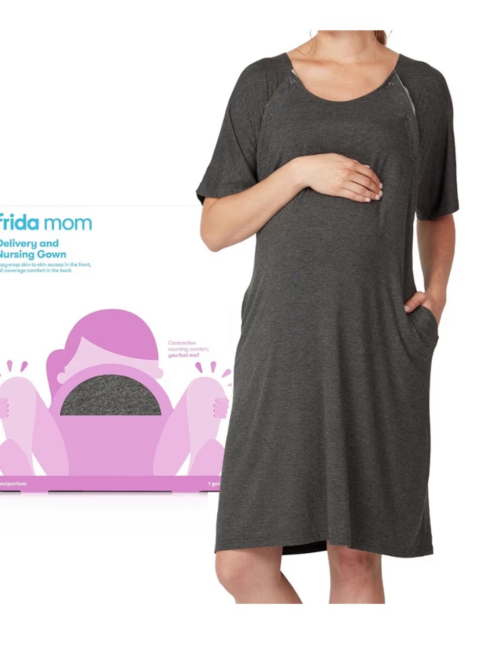 Frida Mom Labor & Delivery Hospital Gown Nursing Gown One Size Charcoal Gray